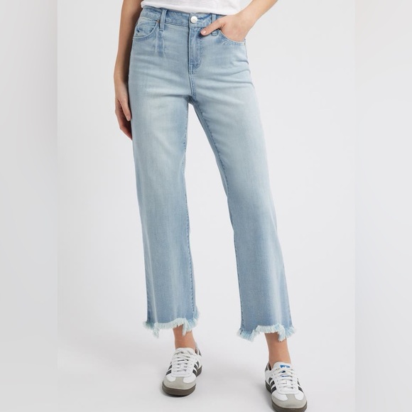 1822 Denim Frayed Hem High Waist Demi Bootcut Jeans Light Wash Size 14 - Picture 1 of 13